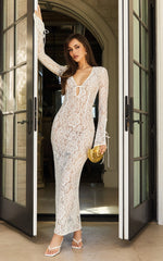 Paula Maxi Dress - Lace V Neck Long Sleeve Column Dress in White