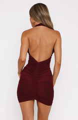 Counting My Cheques Halter Mini Dress Burgundy