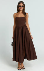 Morris Midi Dress - Linen Scoop Neck Gathered Dress in Chocolate