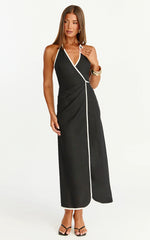 Aurora Midi Dress - Halter Neck Leg Split Wrap Dress in Black
