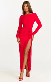 Vivienne Maxi Dress - Boat Neck Long Sleeve Rosette Detail Dress in Red