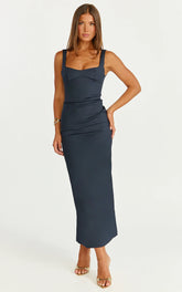 Benita Midi Dress - Scoop Neck Ruched Fitted Dress in Navy