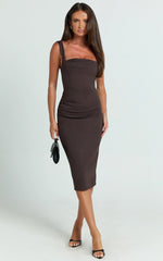 Tiffy Midi Dress - Square Neck Ruched Bodycon Dress in Chocolate