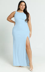 Indi Maxi Dress - Boat Neck Bodycon Dress in Light Blue
