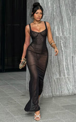 Laney Maxi Dress - Mesh Sweetheart Neck Bodycon Dress in Black