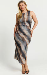 Loralie Midi Dress - Mesh High Neck Bodycon Dress in Brown Tie Dye