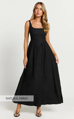 Rhaziya Midi Dress - Sleeveless Straight Neck Fit and Flare Dress in Black