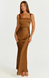 Rumi Midi Dress - Rushed Bodiest Satin Dress in Chocolate