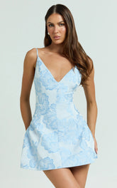 Gianni Mini Dress - Plunge A Line Low Back Dress in Light Blue