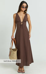 Silvena Midi Dress - Plunge Neckline Tie Front A Line Dress in Chocolate