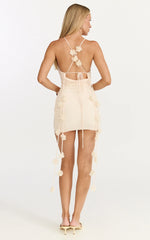 Penny Mini Dress - Draped Cowl Neck 3D Flower Fitted Dress in Cream