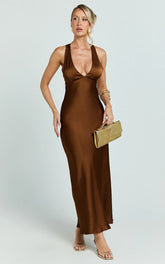 Khalani Midi Dress - Deep V Neck Satin Slip Dress in Chocolate