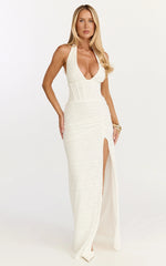 Lacey Maxi Dress - Lace Corset Style Bodice Halter Dress in White