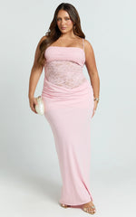 Rania Maxi Dress - Contrast Lace Bodice Bias Cowl Drop Waist Dress in Pink