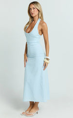 Murray Midi Dress - Deep U Halter Neck Dress in Pale Blue