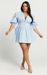 Zandra Mini Dress - Puff Sleeve Poplin Dress in Icy Blue