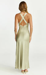 Khalani Midi Dress - Deep V Neck Satin Slip Dress in Light Olive
