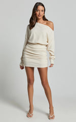 Alyce Mini Dress - Long Sleeve One Shoulder Dress in Off White