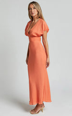 Desiree Midi Dress - V Neck Flutter Short Sleeve Slip Dress in Orange