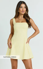 Adiana Mini Dress - Linen Square Neck Shirred Back A Line Dress in Lemon