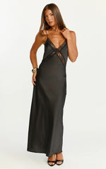 Christy Midi Dress - V Neck Lace Detail Slip Dress in Black