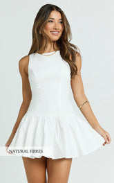 Izira Mini Dress - Boat Neck Drop Waist Shift Dress in White