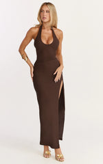 Ruby Maxi Dress - Halter Scoop Neck Low Back Bodycon Dress in Chocolate