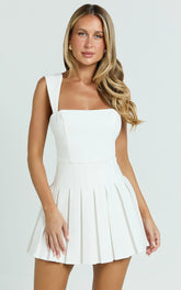 Wallace Mini Dress - Square Neck Wide Strap Drop Waist Pleated Dress in White
