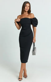 Lohan Midi Dress - Off Shoulder Puff Sleeve in Black