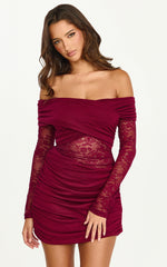 Juliet Mini Dress - Off Shoulder Lace Contrast Bodycon Dress in Wine