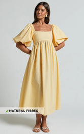 Cenia Midi Dress - Linen Straight Neck Shirred Back Puff Sleeve Dress in Lemon