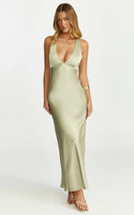 Khalani Midi Dress - Deep V Neck Satin Slip Dress in Light Olive