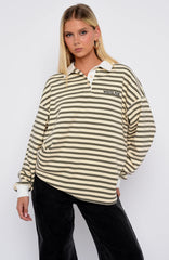 Out Again Long Sleeve Rugby Shirt Cream/Olive Stripe
