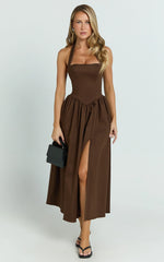 Helda Midi Dress - Halter Tie Neck Corset Panel Dress in Chocolate