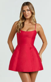 Carolina Mini Dress - Scoop Neck Panel Bodice Dress in Red