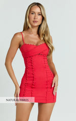 Gigi Mini Linen Blend Dress - Sweetheart Tie Back Scallop Detail Dress in Red