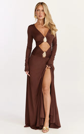 Sahara Maxi Dress - Long Sleeve Cut Out Gold Trim Dress in Chocolate