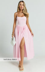 Morris Midi Dress - Linen Scoop Neck Gathered Dress in Pink