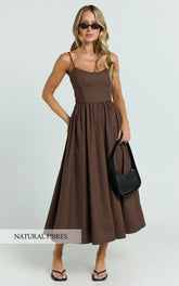 Braelyn Midi Dress - Scoop Neck Flare Dress in Chocolate