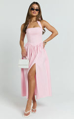 Helda Midi Dress - Halter Tie Neck Corset Panel Dress in Pink