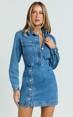 Ainsley Mini Dress - Button Through Long Sleeve Denim Dress in Mid Blue Wash