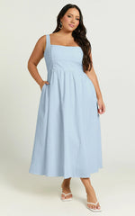 Khari Midi Dress - Linen Look Square A Line Dress in Blue