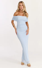 Caterina Maxi - Ruched Off Shoulder Mesh Dress in Pale Blue