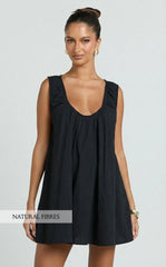 Lucinda Mini Dress - Deep U Gathered Neck Smock Dress in Black