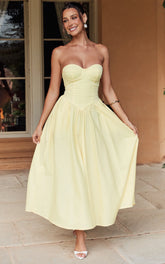 Daria Midi Dress - Strapless Corset Gathered Dress in Lemon