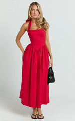 Helda Midi Dress - Halter Tie Neck Corset Panel Dress in Red