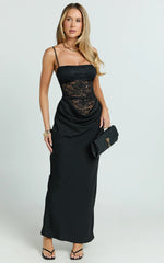 Rania Maxi Dress - Contrast Lace Bodice Bias Cowl Drop Waist Dress in Black