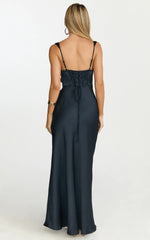 Rumi Midi Dress - Rushed Bodiest Satin Dress in Navy