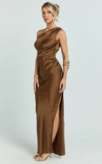 Laurie Maxi Dress - One Shoulder Tie Detail Dress in Chocolate