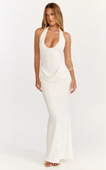 Heath Maxi Dress - Scoop Halter Neck With Drape Front Skirt Back Split Dress in Off White